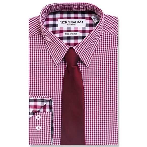 NEW Nick‎ Graham Large $65 Red Gingham Stretch Modern Fit Dress Shirt 16-16.5 - Picture 1 of 11